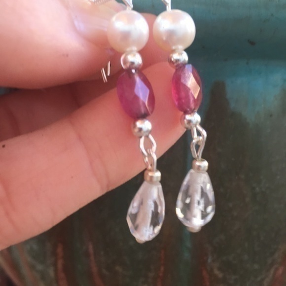Real pearl Ruby Stone Sterling Silver Genuine pearls SS 925 earrings - Picture 5 of 16